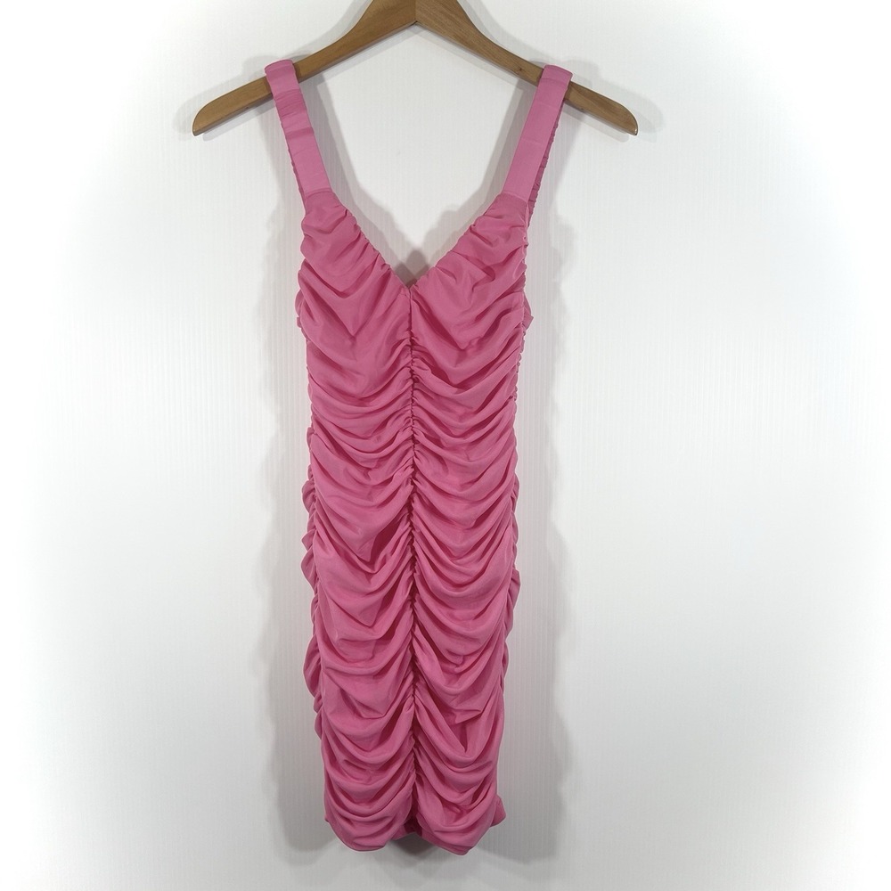 HELLO MOLLY Let's Celebrate Mini Dress Size S 4 Pink Ruched Bodycon Barbie NEW - Picture 3 of 13